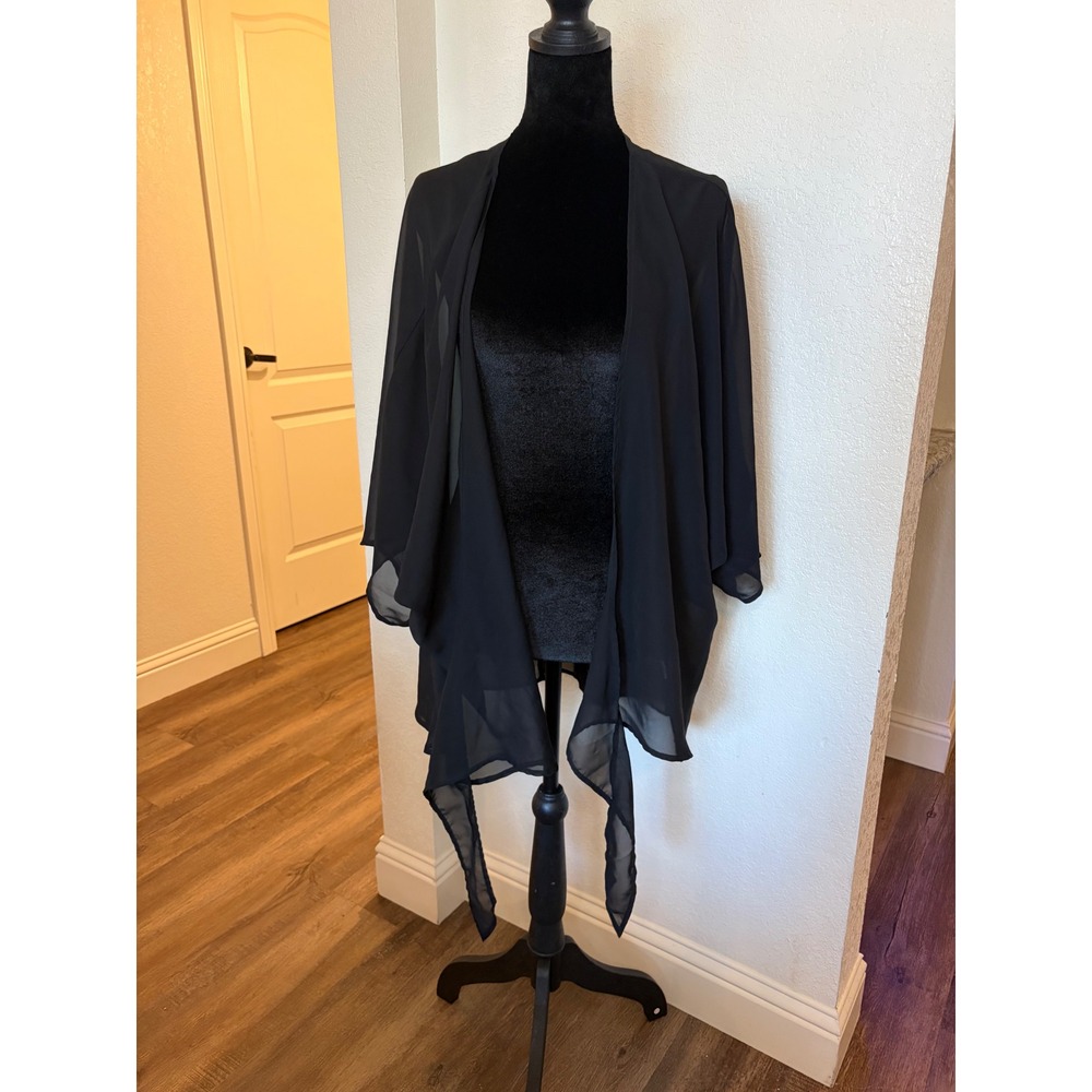 Breezy Lane Black Chiffon Kimono Cardigan Tie Front Sheer Cover Up L/XL